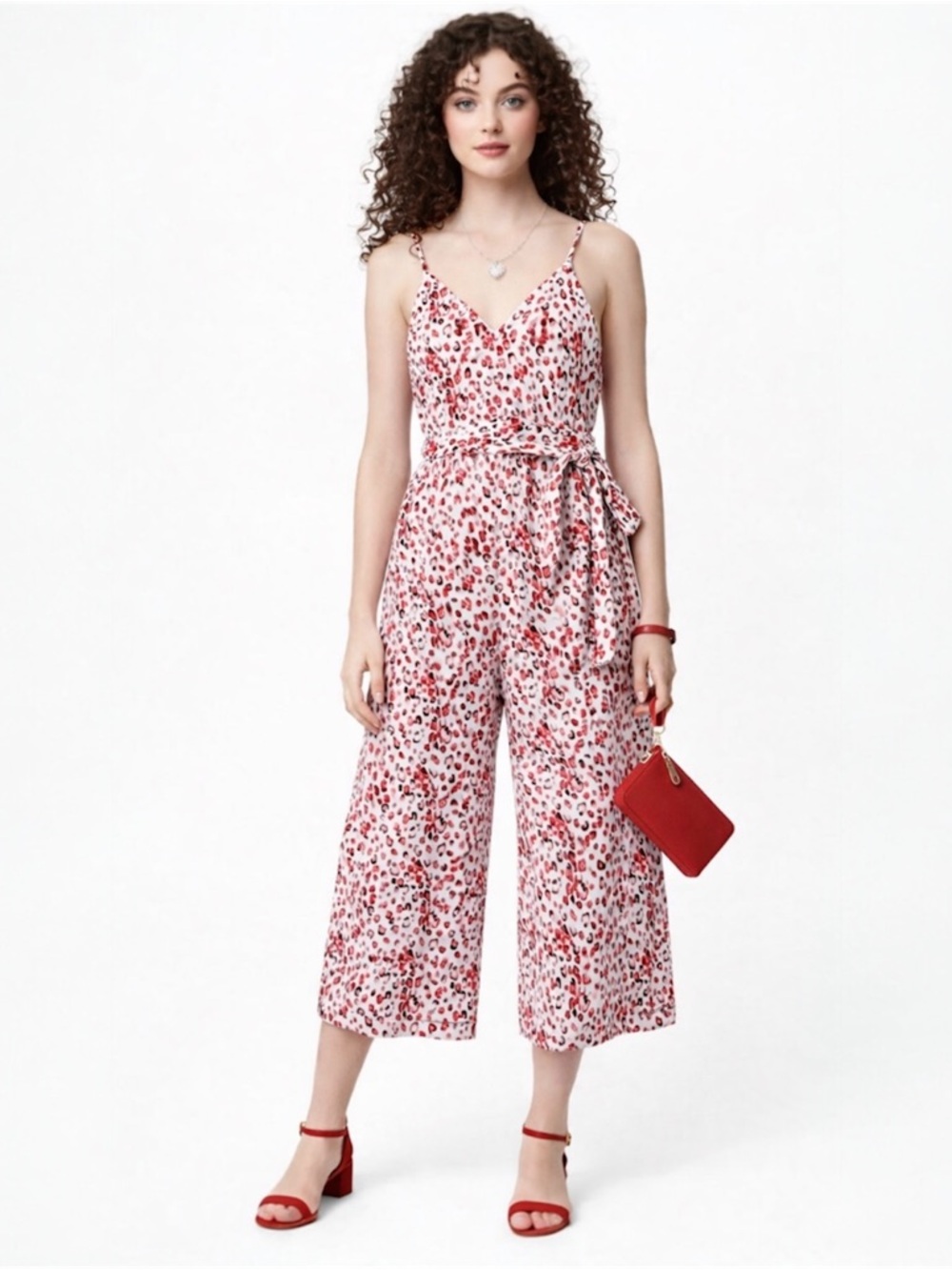 Leopard print red, pink, white palazzo jumpsuit, romper size 6